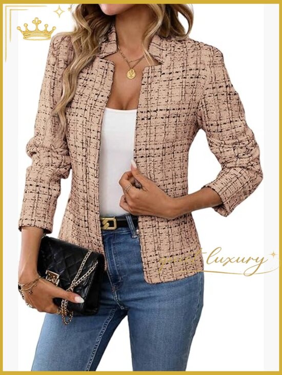 Jackets & Blazers - Tweed Open Front Blazer Long Sleeve Notch Collar Fully Lined Casual Business